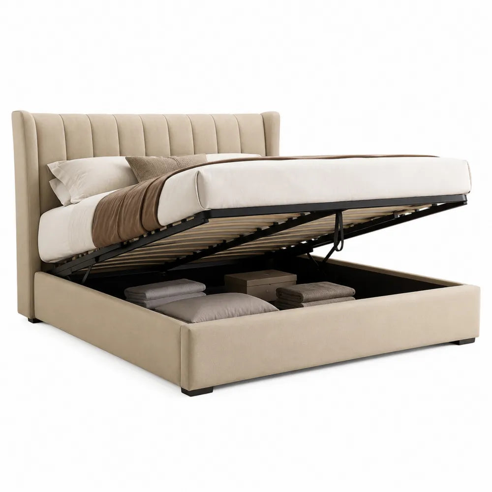Stauraumbett Polsterbett 180 x 200 cm Beige mit gepolstertem Kopfteil Gasdruckfeder Bettkasten Metallrahmen