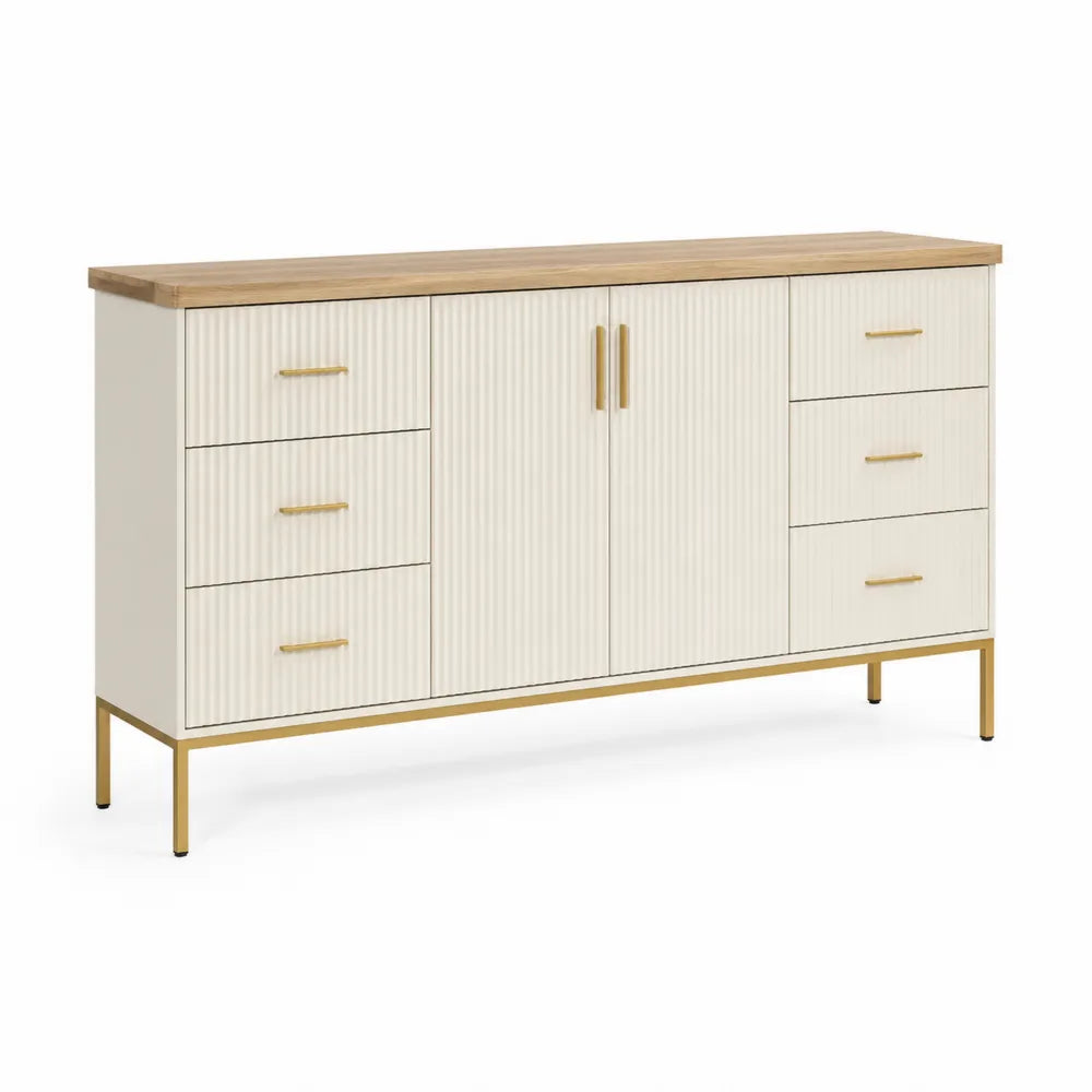 Sideboard 160 cm x 40 cm x 75 cm Creme Weiß Holzdekor MDF mit Schubladen und Doppeltüren Gold Metallgestell