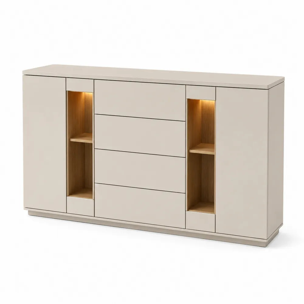 Sideboard 180 x 40 x 80 cm MDF Holzwerkstoff Cremeweiß rechteckig mit Schubladen Türen LED Nischen Goldgriffe