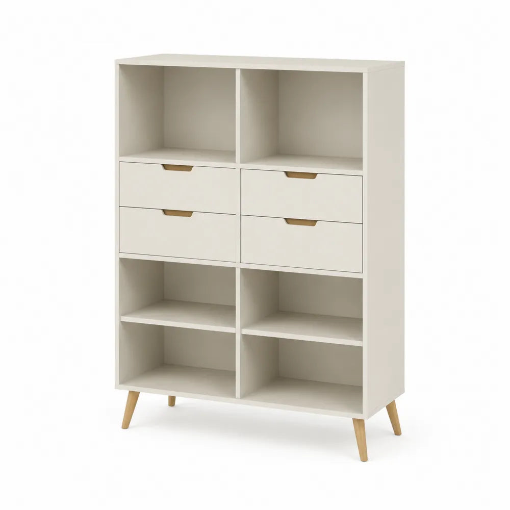 Sideboard Aufbewahrungsschrank ca. 80 x 30 x 120 cm MDF Cremeweiß Naturholz 4 Schubladen 4 offene Fächer rechteckig