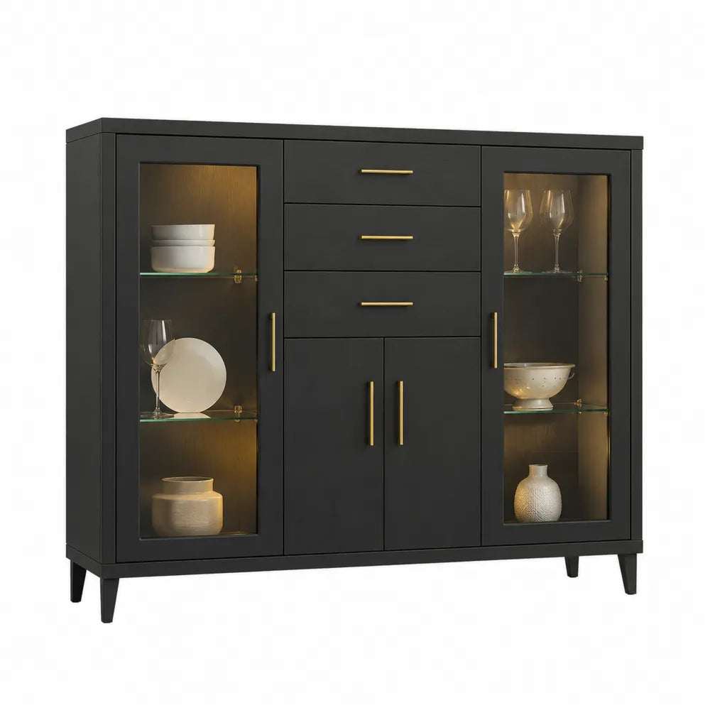 Sideboard 160 cm x 40 cm x 90 cm MDF mit Glastüren LED Beleuchtung 4 Schubladen Schwarz Gold Metallbeine rechteckig