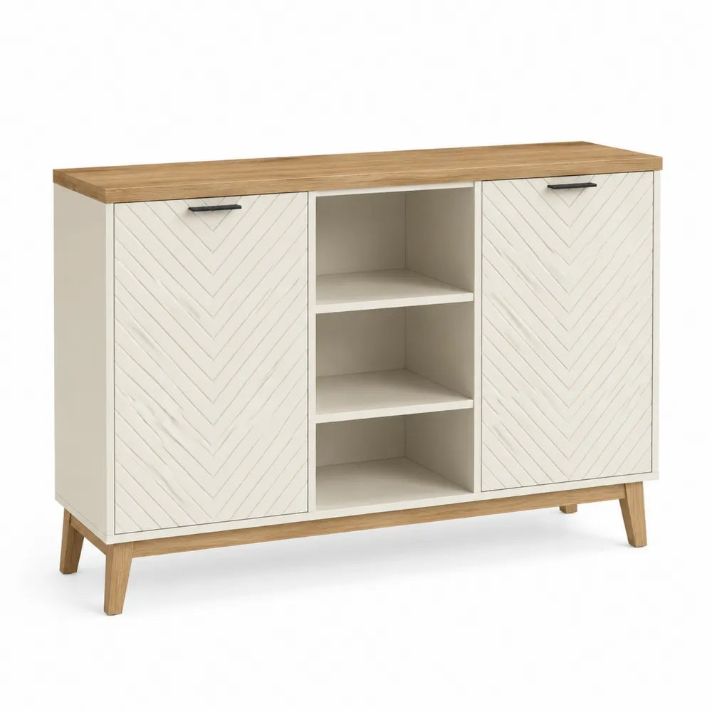 Sideboard 120 cm x 40 cm x 85 cm MDF Lamellentüren mit offenem Regal Eiche natur Cremeweiß Holzbeine rechteckig