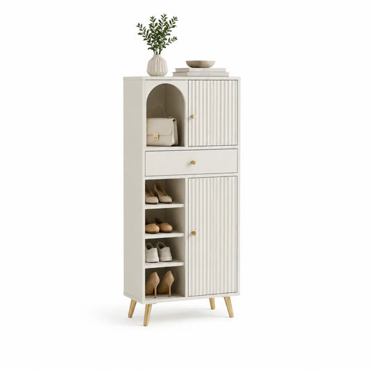 Flurschrank 70 x 30 x 120 cm Beige Weiß Rechteckig MDF Schuhschrank mit Tür Schublade offenen Fächern Goldfüße