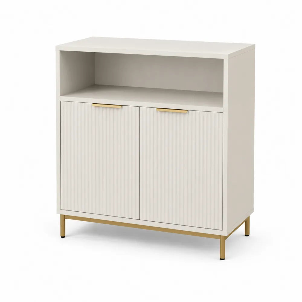 Sideboard 100 cm x 35 cm x 85 cm Creme MDF mit offenem Fach und 2 Türen Lamellenfront Gold Metallbeine