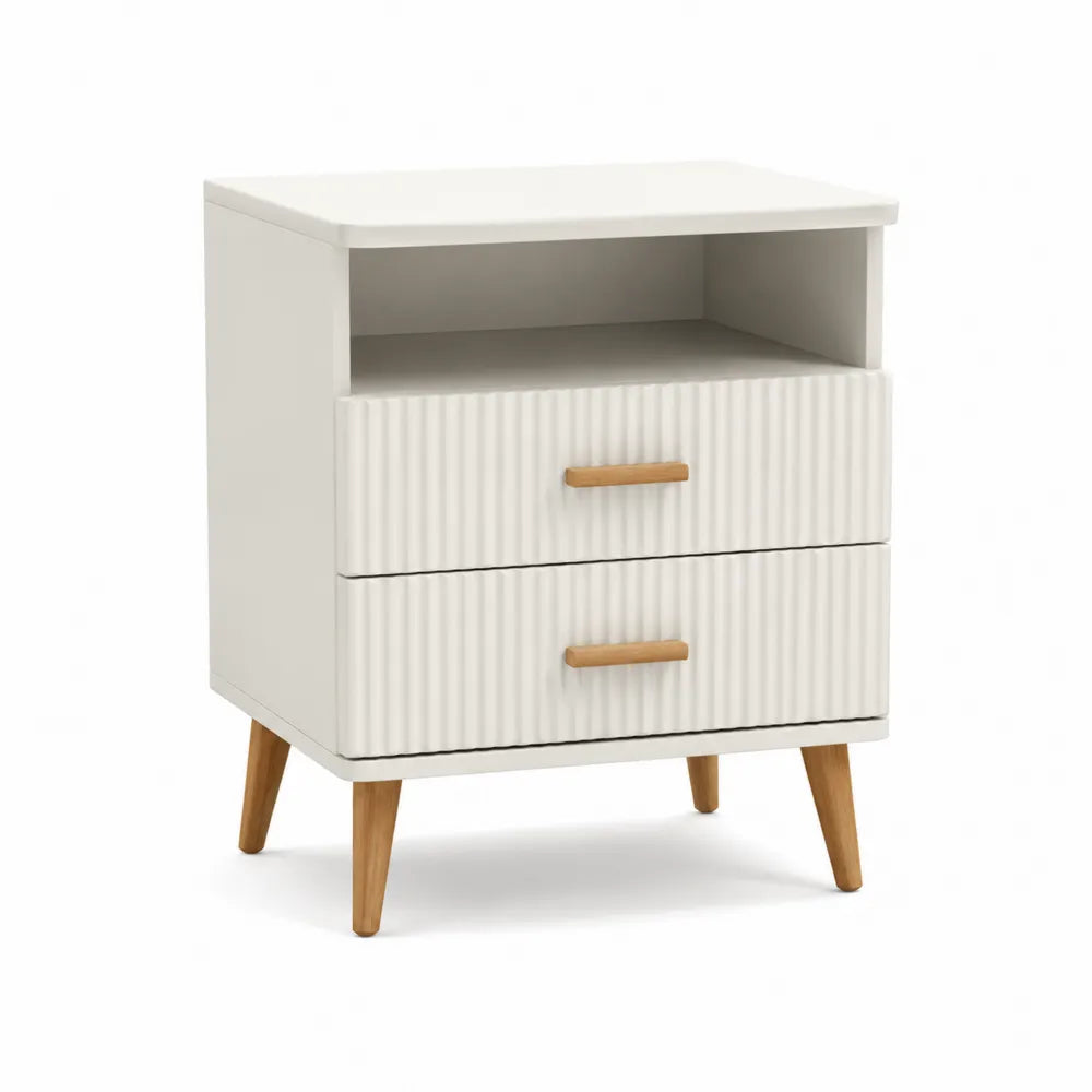 Nachttisch Kommode 50 x 40 x 60 cm MDF Weiß Natur 2 Schubladen offenes Fach Holzfüße rechteckig