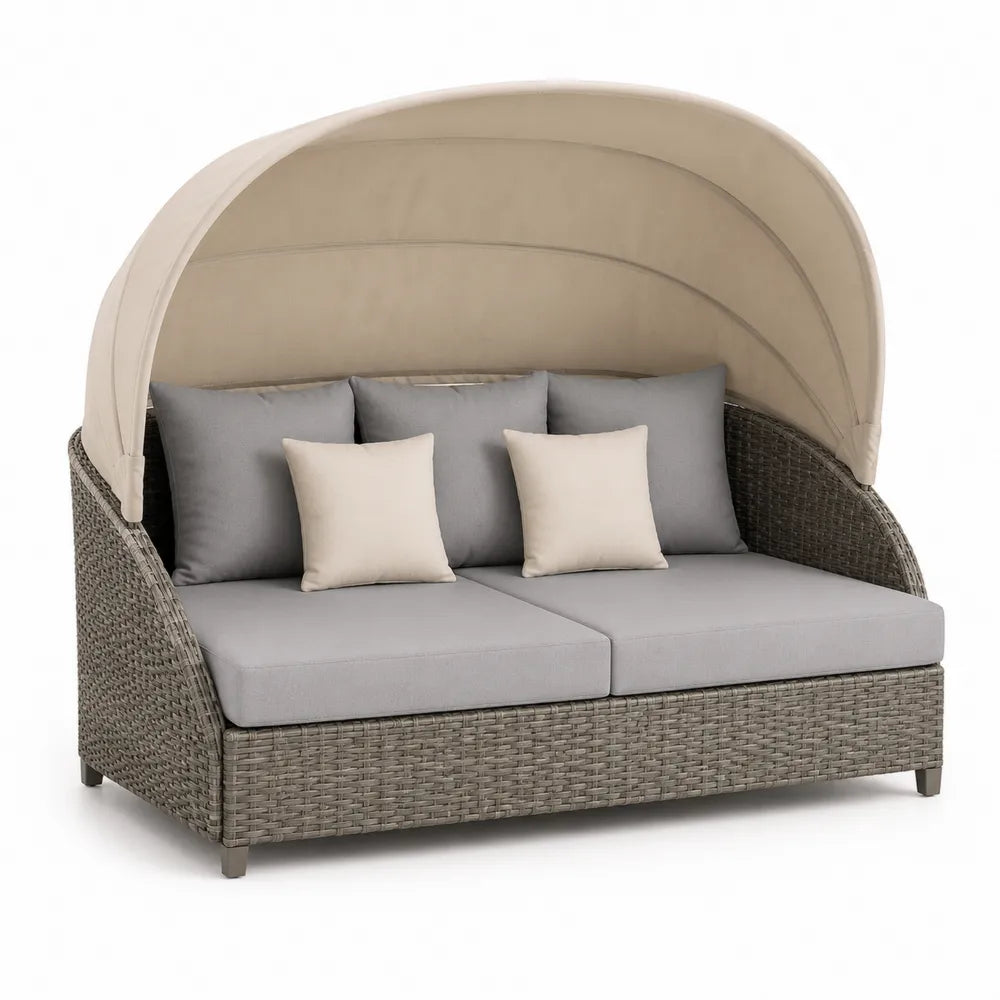 Gartenliege 2-Sitzer mit Dach Sonneninsel PE Rattan Aluminiumgestell Beige Grau 180 x 140 x 160 cm