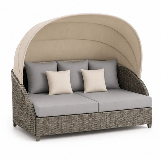 Gartenliege 2-Sitzer mit Dach Sonneninsel PE Rattan Aluminiumgestell Beige Grau 180 x 140 x 160 cm
