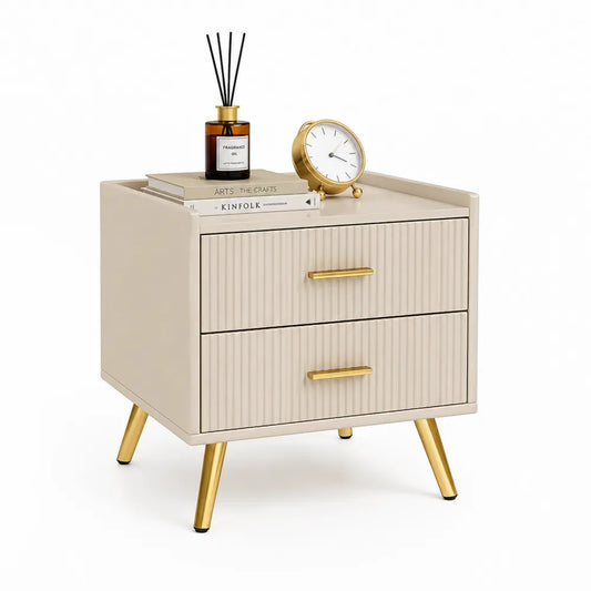 Nachttisch 50 cm x 40 cm x 55 cm Beige MDF Holzwerkstoff 2 Schubladen Gold Metallbeine rechteckig Rillenfront