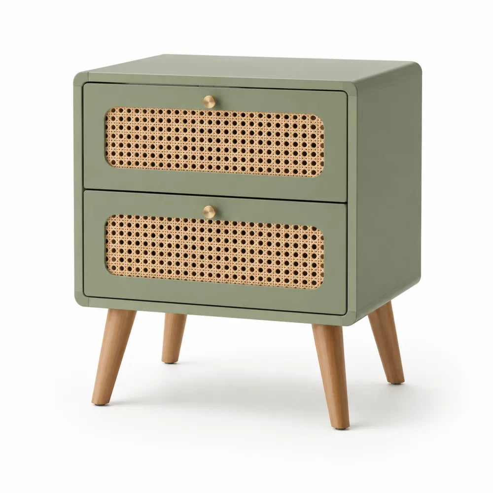 Nachttisch 2 Schubladen Rattan Geflecht MDF Holz Grün rechteckig Holzfüße ca. 45 x 40 x 55 cm