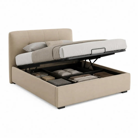 Stauraumbett Polsterbett 180 x 200 cm Beige mit Bettkasten und Gasdruckfeder rechteckig gepolstertes Kopfteil