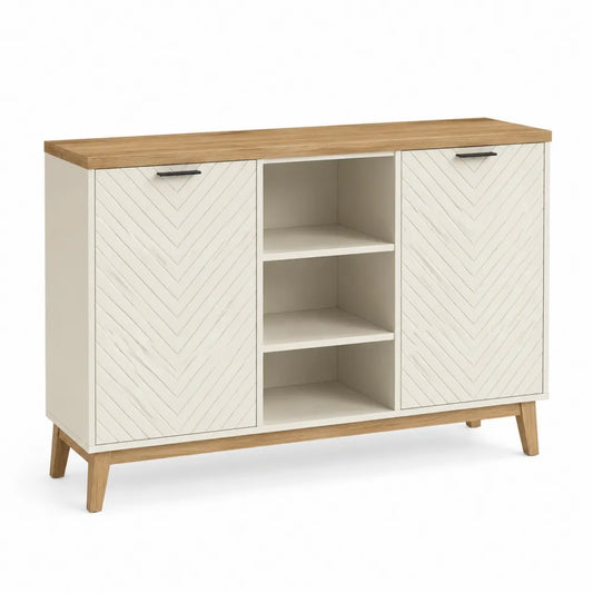 Sideboard 120 cm x 40 cm x 85 cm MDF Lamellentüren mit offenem Regal Eiche natur Cremeweiß Holzbeine rechteckig
