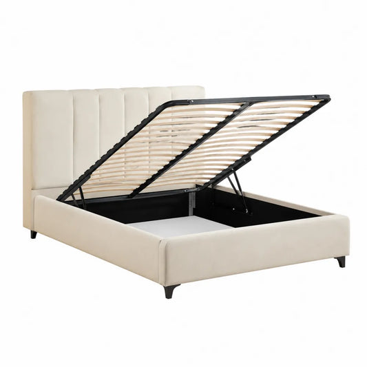 Stauraumbett Polsterbett Beige Schwarz Gasdruckfeder 160 cm x 200 cm Holzlatten Metallrahmen