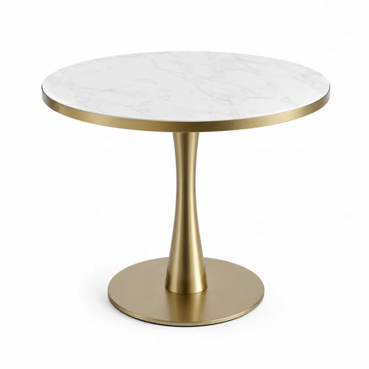Esstisch rund 80 cm x 75 cm Sinterkeramik Tischplatte Marmoroptik MDF Stahl Säulengestell Gold Weiß