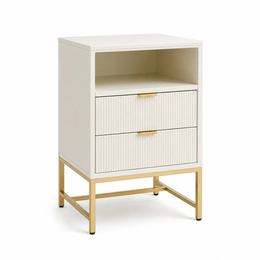 Nachttisch 50 x 40 x 60 cm MDF Weiß Gold Metallrahmen 2 Schubladen offenes Fach rechteckig