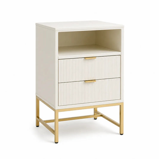 Nachttisch 50 x 40 x 60 cm MDF Weiß Gold Metallrahmen 2 Schubladen offenes Fach rechteckig